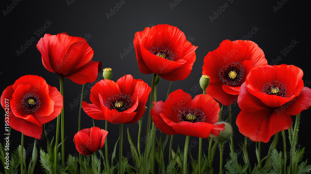 Naklejka premium A vibrant field of red poppy flowers with delicate green stems creates a striking contrast against the soft dark background, evoking a sense of remembrance and beauty.