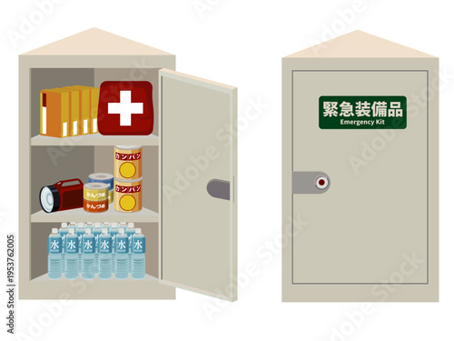 エレベーター用防災備蓄キャビネットのイラスト：扉の開閉2タイプセット