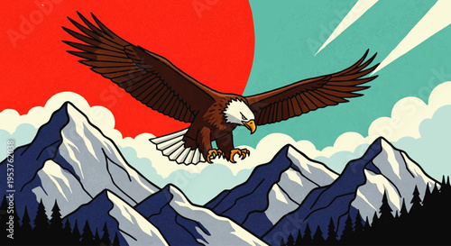 Majestic Bald Eagle Soaring Over Snow-Capped Mountains Under a Vibrant Red Sun and Blue Sky