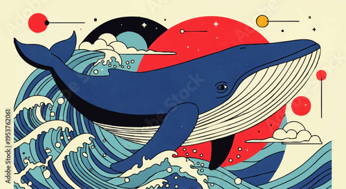 Majestic blue whale gracefully surfacing amidst powerful ocean waves under a vibrant, abstract celestial sky, embodying strength and natural beauty