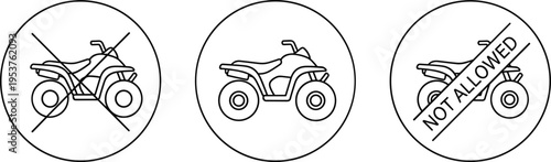 ATV allowed and prohibited sign icons with quad bike symbols, safety restriction warning, black and white line illustration set