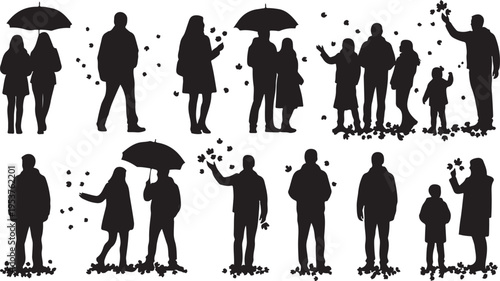 Silhouettes of people in various poses with umbrellas outside