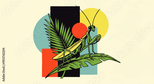 Vibrant illustration of a praying mantis perched on lush leaves, set against a backdrop of abstract geometric shapes and bold color blocks, evoking a modern artistic aesthetic