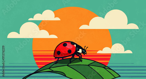 Charming illustration of a ladybug resting peacefully on a vibrant green leaf, silhouetted against a warm, glowing sun and soft, fluffy clouds in a tranquil natural landscape