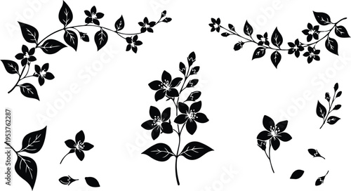 A versatile set of detailed jasmine flower and vine silhouettes, perfect for elegant botanical designs, natural cosmetic packaging, wedding invitations, and serene aromatherapy themes