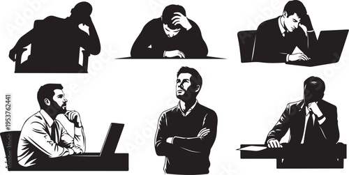 Businessman poses with laptop in various stress positions