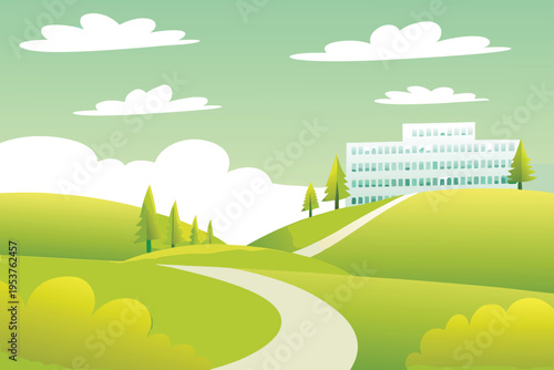 A simplified illustration of a building on a green hillside