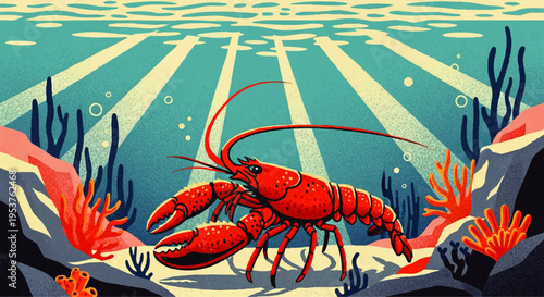 Vibrant underwater scene featuring a bright red lobster amidst colorful coral reefs and sunbeams filtering through the clear blue water, evoking a sense of marine life and aquatic beauty