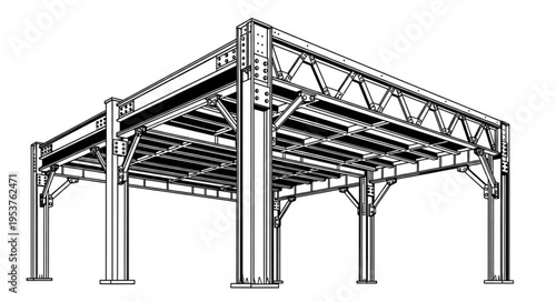 Detailed Illustration of a Steel Structure with Intricate Lattice Work.