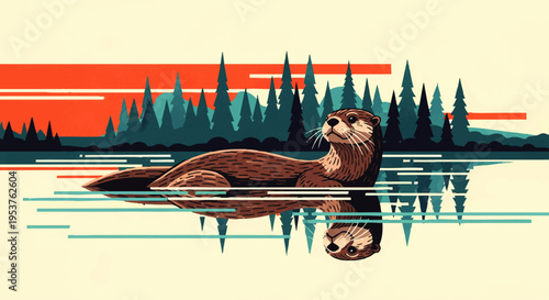 A minimalist illustration of a wild otter gracefully swimming in a calm lake, its reflection mirroring in the tranquil water, set against a vibrant autumn forest and a clear sky