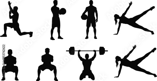 Fitness and workout silhouettes collection with strength training, squats, lunges, weightlifting and stretching exercises, black and white sport illustration set