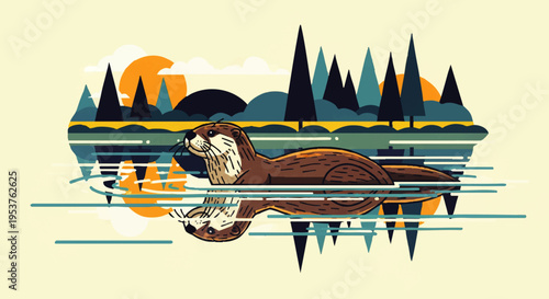 A graceful river otter swims across a calm, reflective body of water, its elegant form mirrored beneath a beautifully stylized landscape of trees and a serene sky