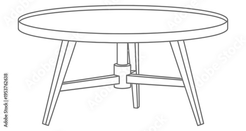 Round Coffee Table with Angled Legs and Central Support Detail Line Art Illustration