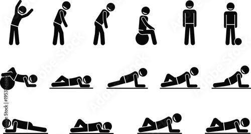 Fitness exercise silhouettes collection with stretching, push ups and core training poses, workout routine black and white illustration set