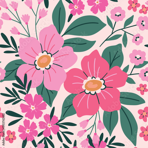 Seamless floral pattern, cute ditsy print of large pink flowers in a girly motif. Pretty botanical design of hand drawn decorative art plants, flowers, meadow, small leaves. Vector illustration.