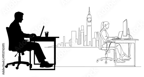Silhouette Man and Woman Working at Desks with City Skyline Background