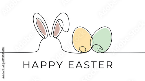 Happy Easter minimalist continuous line art with bunny ears and colorful eggs, modern spring holiday greeting illustration on white background.