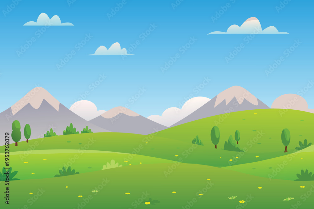 Fototapeta premium A vibrant cartoon landscape featuring mountains hills and a clear sky