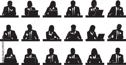Silhouettes of businesspeople working at desks in office setting