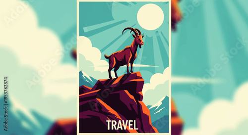 Vibrant illustration of a majestic mountain goat perched on a sun-kissed peak, symbolizing the allure of high-altitude adventure and the pristine beauty of nature travel