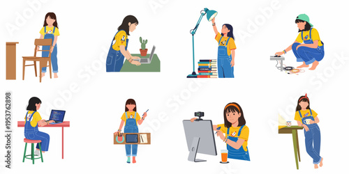 Collection of illustrations showing a young girl engaged in various activities like coding, digital art, and studying at home using technology.