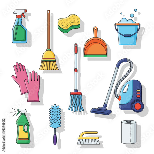 Collection of cleaning tools and supplies, simple flat illustrations