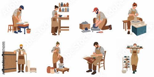 Flat Illustration Set of Professional Potters Working in a Ceramic Studio, Handcrafting Various Clay Pots and Vases