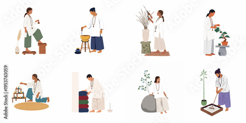 A collection of spiritual and zen activities featuring people in meditative practices like gardening, lighting candles, and ritual preparations.