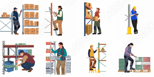 Set of warehouse workers illustrations performing inventory management, scanning packages, and organizing logistics in a storage facility.