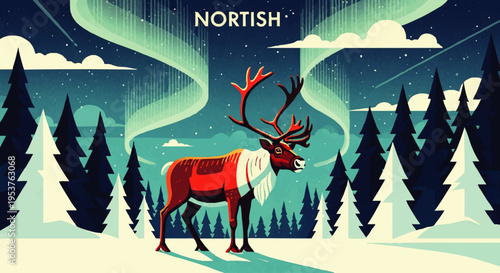 Nortish Reindeer in Snowy Forest Under Aurora Borealis Northern Lights