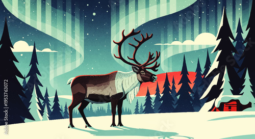 Majestic Reindeer Standing in Snowy Forest with Aurora Borealis Sky