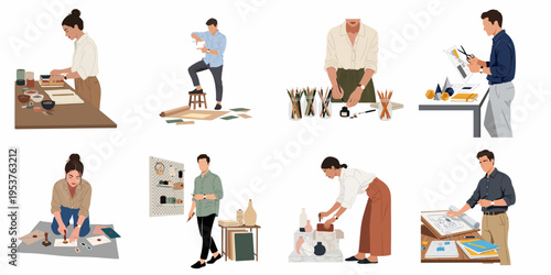 Set of Minimalist Flat Illustrations of Creative Professionals, Designers, and Architects Working on Various Projects in Studios and Workspaces