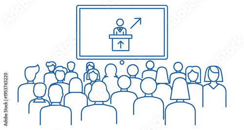 Audience watching speaker presentation on screen with upward arrow growth icon vector line art