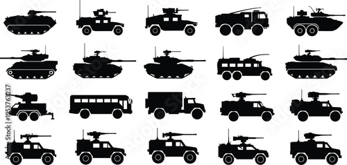 Military vehicle silhouettes collection with tanks, armored trucks and combat transport, army equipment black and white illustration set for defense concept