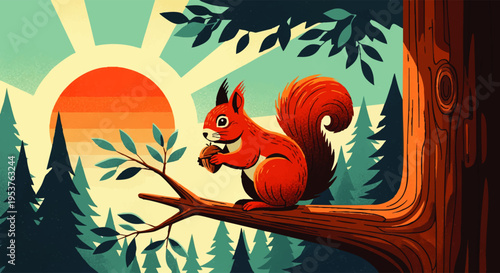 Stylized illustration of a cheerful red squirrel holding a nut, sitting on a sturdy tree branch against a beautiful sunrise in a lush forest