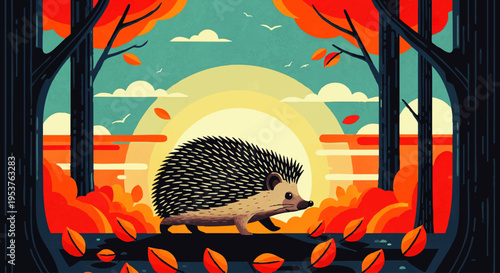A charming hedgehog ambles through a vibrant autumn forest, bathed in the warm glow of the setting sun, surrounded by falling golden leaves, depicting a tranquil woodland scene