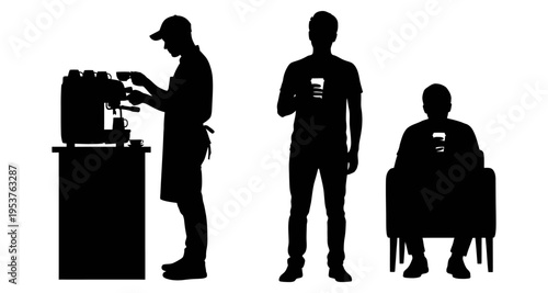 Barista making coffee silhouette man drinking coffee person sitting with drink vector illustration