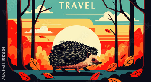 Charming hedgehog enjoying a vibrant autumn sunset amidst a forest setting, evoking feelings of peaceful travel and nature's beauty