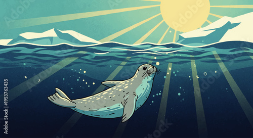 Graceful Spotted Seal Swims in Sunlit Arctic Waters Amidst Floating Icebergs, Capturing the Tranquil Beauty of Polar Wildlife and Marine Ecosystems