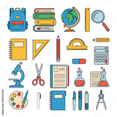 Collection of colorful, flat, illustrated school and educational supplies