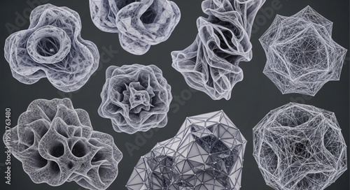 Intricate 3D Renderings of Abstract Geometric Forms Against a Dark Backdrop.