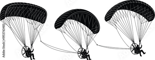 Paramotor paragliding silhouettes with powered parachute pilot, extreme air sport activity, black and white aviation illustration set for adventure concept