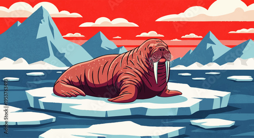 A majestic walrus rests on a floating ice floe amidst a vibrant Arctic landscape with snow-capped mountains and a striking red sky