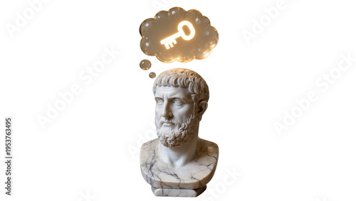 Classical marble bust of an ancient Greek philosopher, isolated PNG with a glowing key in a thought bubble, symbolizing wisdom and solutions