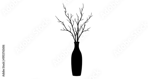 Black silhouette of bare branches in a vase against a white background minimalist