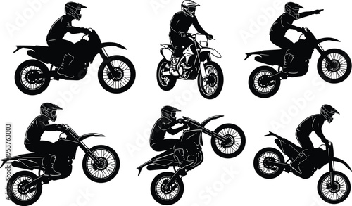 Silhouette motocross riders performing jumps and tricks, dynamic dirt bike action set isolated on white background for extreme sports design use
