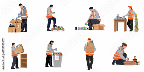 Collection of Volunteers Sorting and Packing Canned Food in Boxes for Donation and Humanitarian Aid