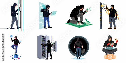 Set of eight flat illustrations featuring hackers in hoodies performing various cyber-attacks, data breaches, and digital security manipulations on white background.
