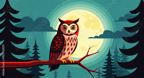 A majestic nocturnal owl with red and brown feathers perches on a branch, lit by a full moon, amidst dark evergreen trees, embodying the serene mystery of night