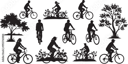 Cycling Silhouettes of People Riding Bicycles in Nature Scenery